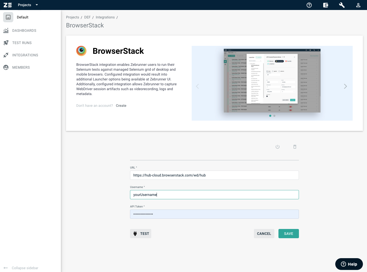 Zebrunner BrowserStack integration view